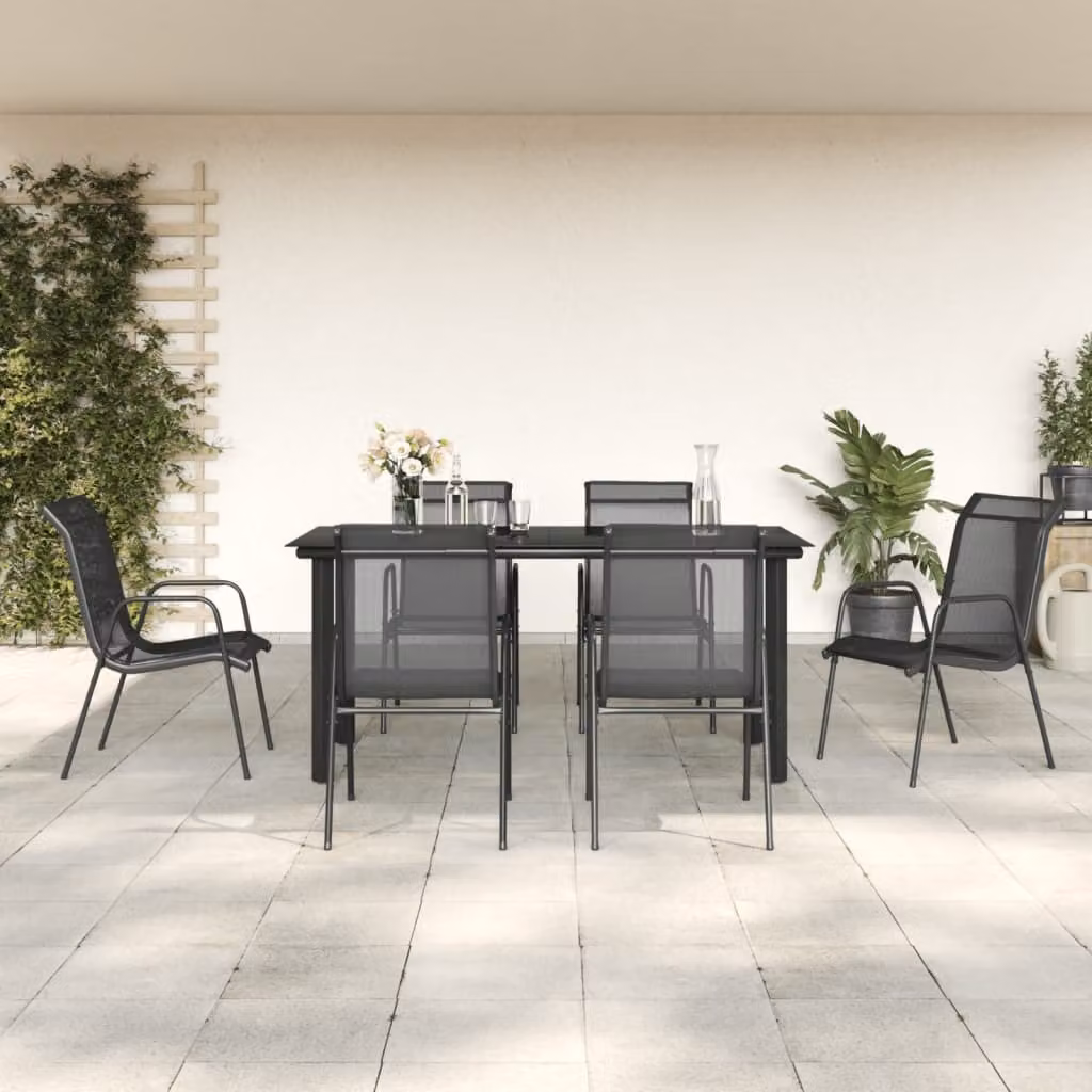 The Living Store Set da pranzo da giardino 7 pezzi in acciaio nero e textilene