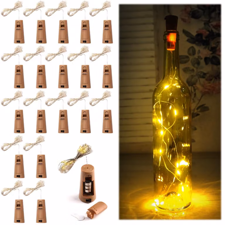 Catena di luci a LED per bottiglie, set da 20, lunghezza 2 metri, luce bianco caldo, con tappi