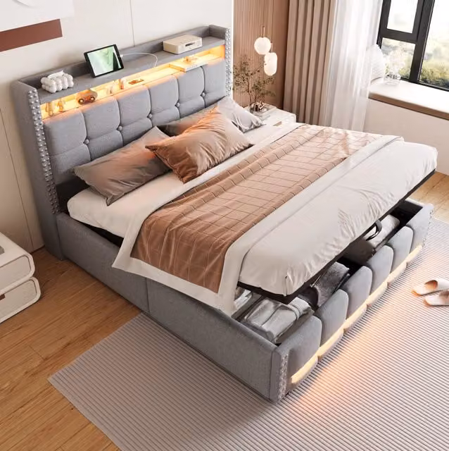 Letto Imbottito REDOM Grigio con LED, USB, Ripiano e Contenitore, L/P/H: 160 x 200 x 115 cm