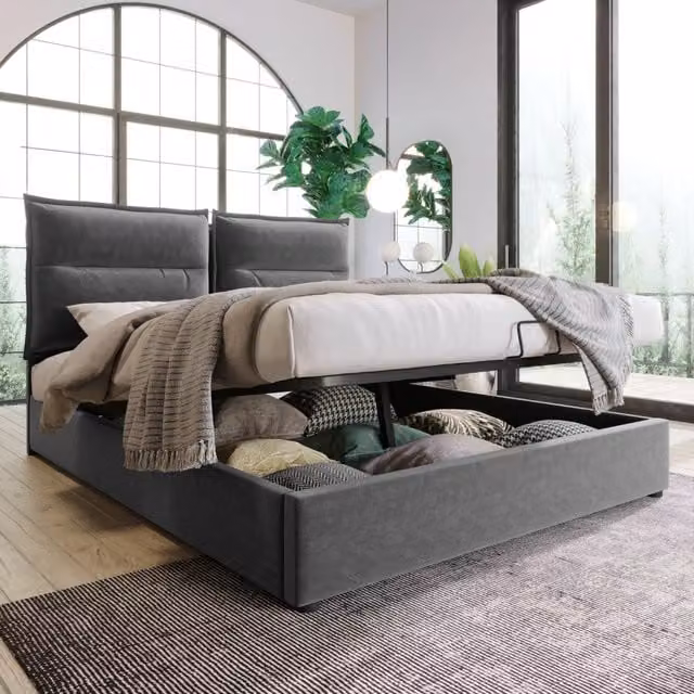 Letto contenitore matrimoniale 140 × 200 cm con testiera regolabile, vano sollevabile, senza materasso, velluto grigio