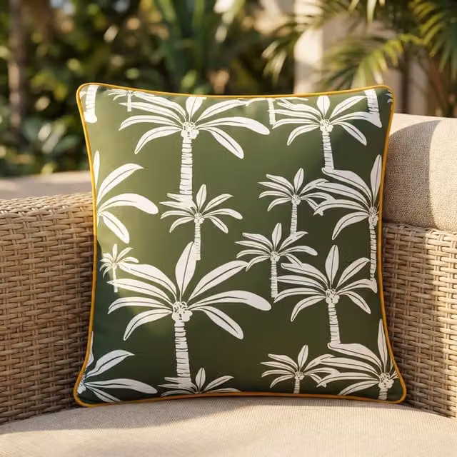Cuscino arredo KASANOVA con motivo palme verde, idrorepellente e lavabile, L 50 cm x P 50 cm x H 50 cm