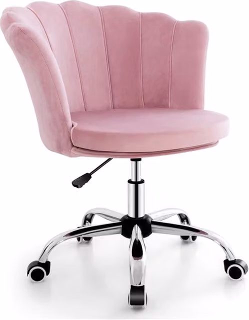 Poltrona da ufficio ergonomica girevole a 360 gradi in velluto rosa con struttura in metallo e ruote piroettanti