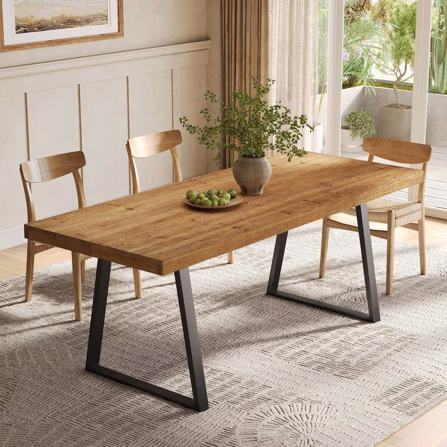 Tavolo da pranzo rettangolare, 160 cm, in legno massello, con gambe in metallo, color marrone rustico, per 4-6 persone