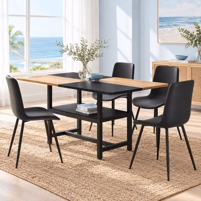 Set tavolo da pranzo rettangolare 160 cm con ripiano e 4 sedie in pelle PU marrone e nero