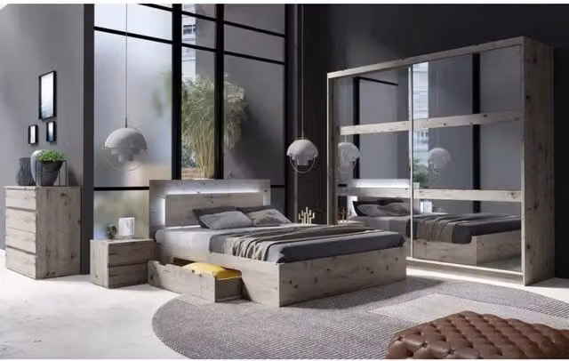 Camera completa VELTIS Meublorama in Rovere Wellington con letto LED 160x200 cm, armadio, cassettiera e comodini