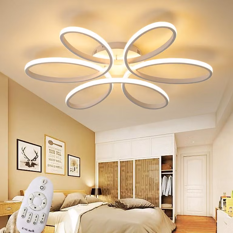 Lampada da soffitto LED XW809, colore bianco, diametro 54 cm, 120W, con telecomando, regolazione del colore e dell'intensità luminosa, dimmerabile, struttura in metallo verniciata di bianco. Lampada LED per soggiorno, plafoniera, faretto a soffitto, lampa