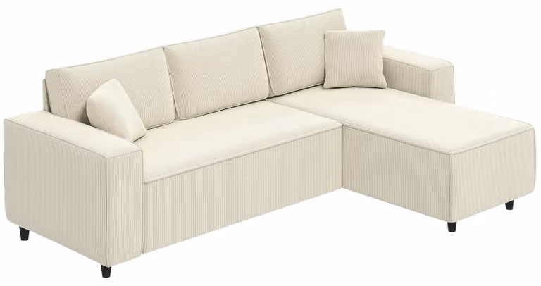 Divano angolare a 3 posti - Modulare a forma di L - Chaise longue reversibile - Imbottitura in piume - Rivestimento in corda - Struttura in legno - Dimensioni: 241x153x83 cm - Colore: crema