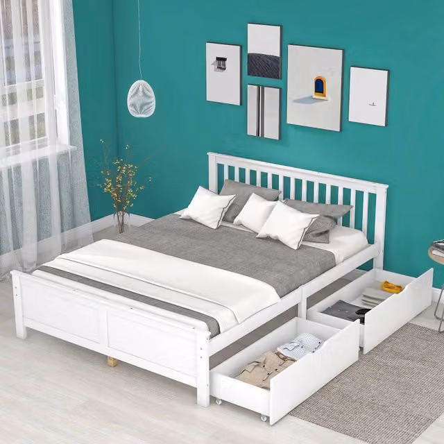Letto matrimoniale 140 × 200 cm con 2 cassetti contenitore, senza materasso, in pino massello e MDF, bianco