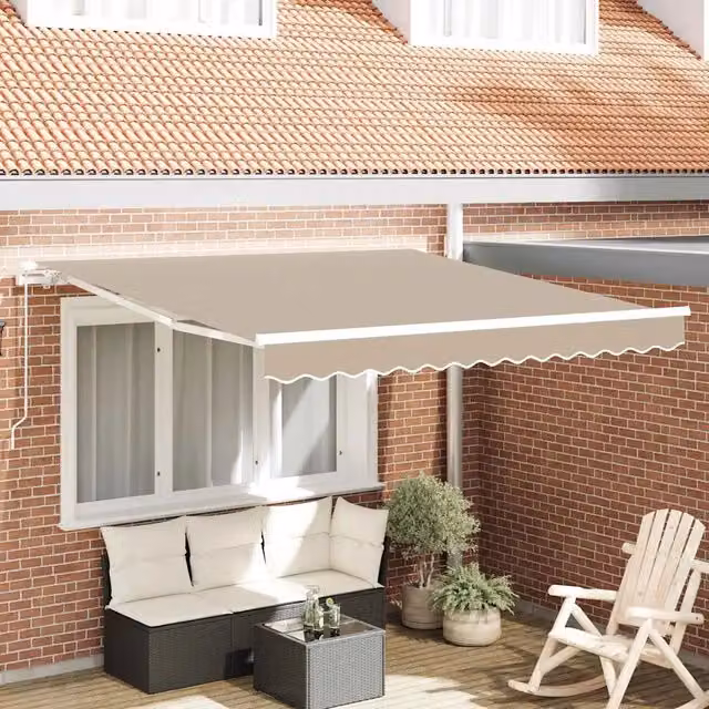 Tenda retrattile vidaxl beige in poliestere e alluminio con bracci pieghevoli e manovella, L: 350 cm, P: 250 cm