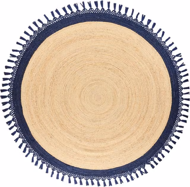Tappeto Beige e Blu Scuro Rotondo 200 cm Boho Rustico Spirale Intrecciato Fatto a mano Juta Naturale Camera da letto Soggiorno