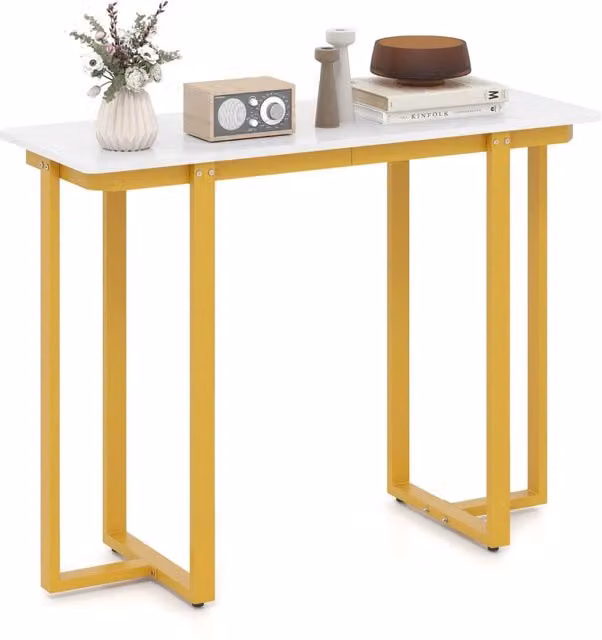 Tavolo console moderno Design Mania in marmo finto bianco e oro con telaio geometrico in metallo per soggiorno o corridoio L/P/H: 107 x 40 x 79,5 cm