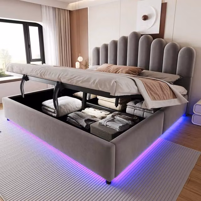 Letto imbottito contenitore con LED ¨C Minimal ¨C Grigio velluto 180x200 cm con rete a doghe idraulico testiera imbottita
