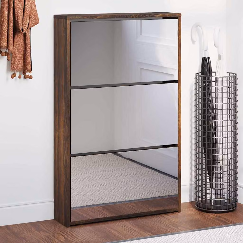 Scarpiera con specchio vidaXL in rovere fumo con 3 livelli, design moderno, L: 63 cm, P: 17 cm, H: 102,5 cm