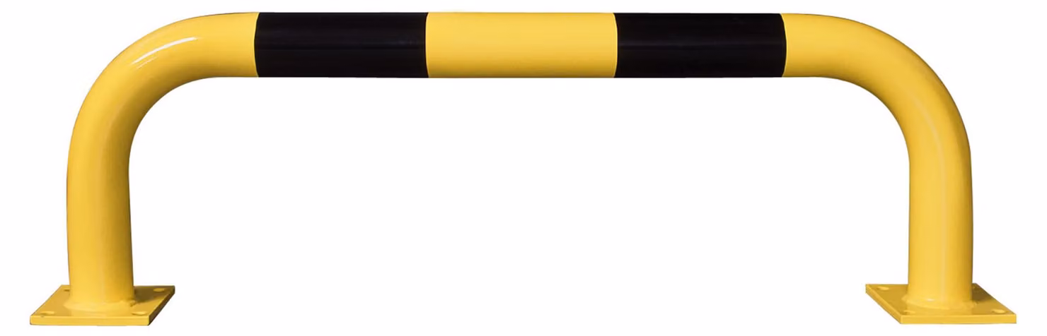 Barra di protezione per uso esterno, zincata a caldo e rivestita in plastica gialla, con strisce segnaletiche nere, LxA 1000x350 mm