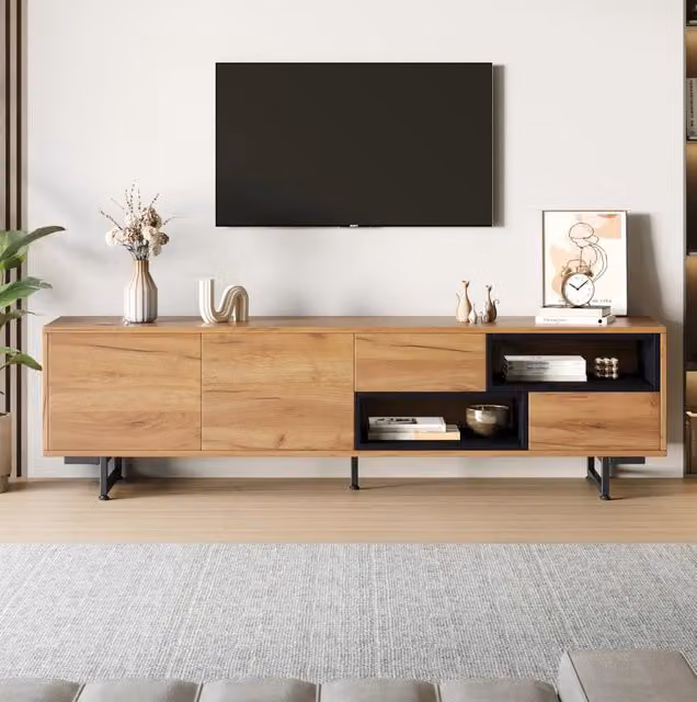 Mobile TV 173 cm in truciolare effetto legno con ante; vani aperti e cassetti