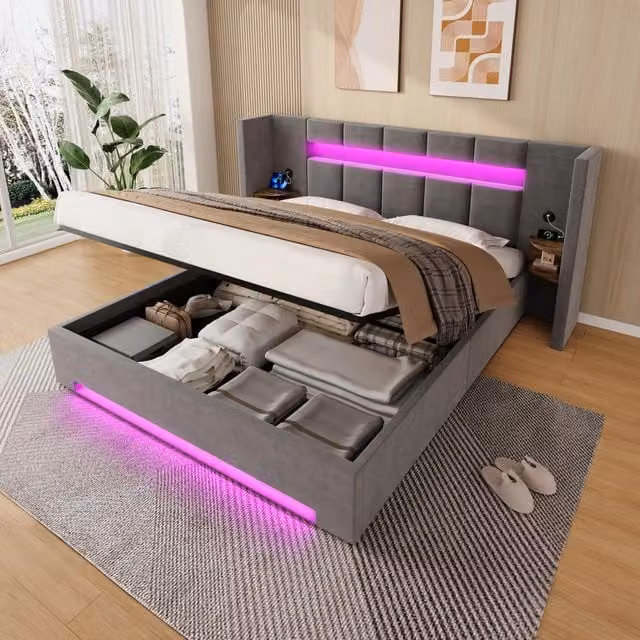Letto Contenitore REDOM in Velluto Grigio con USB e Illuminazione LED L/P/H: 160 x 200 x 103 cm