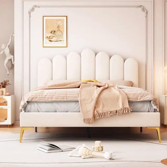 Letto imbottito matrimoniale 140 x 200 cm con testiera e rete a doghe, per adulti, ragazzi e ospiti, in velluto delicato sulla pelle - Beige