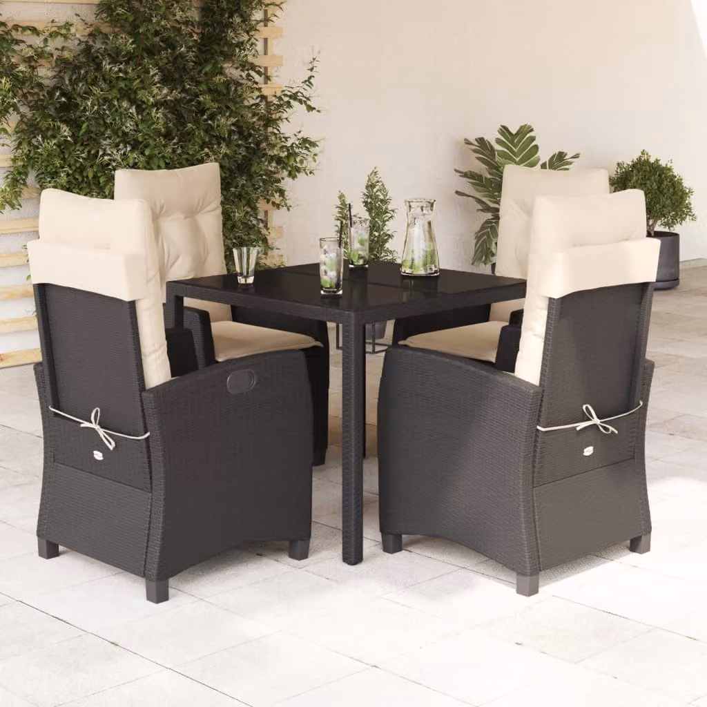 Set da Pranzo da Giardino vidaXL in Polyrattan Nero con Cuscini e Tavolo in Vetro – 1