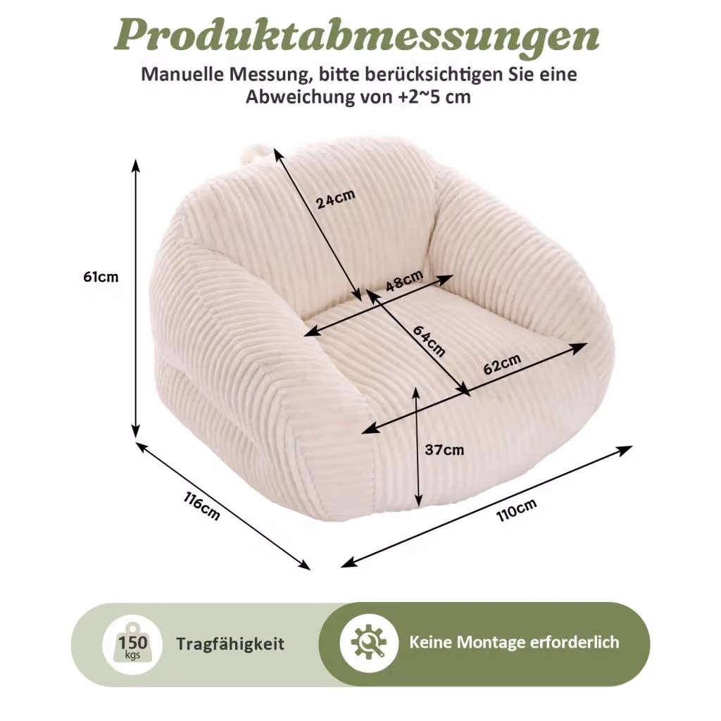Pouf con schienale Mivray in velluto a coste beige per soggiorno, camera da letto o balcone – 2