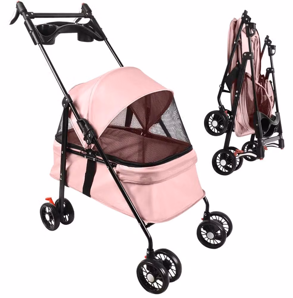 Carrozzina per cani, culla rimovibile, cestino portaoggetti, rosa