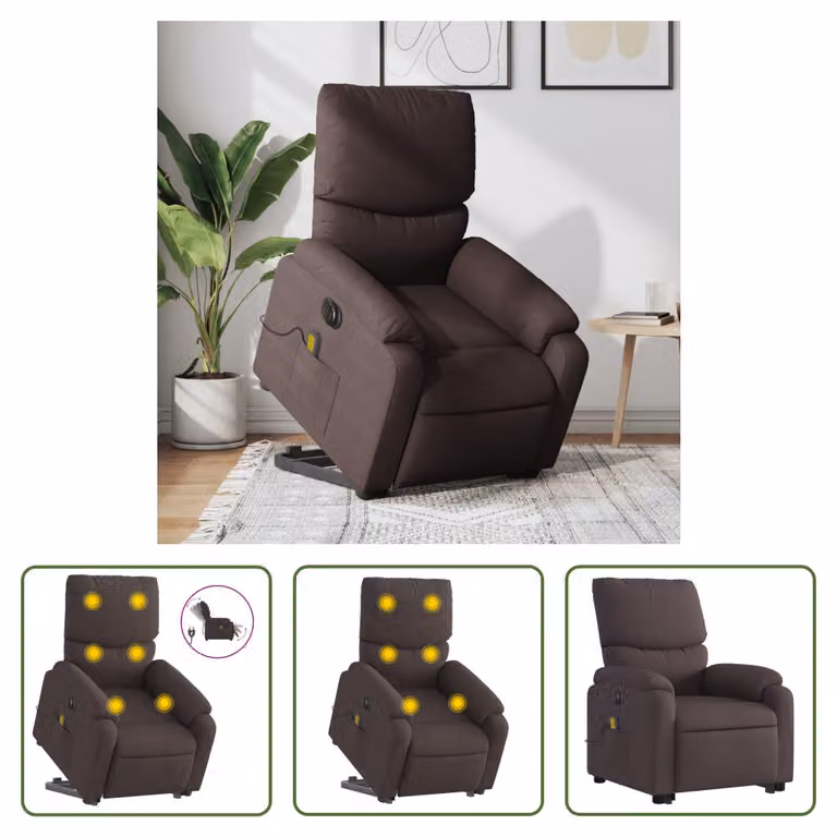 The Living Store Poltrona massaggiante elettrica con supporto in piedi Tessuto marrone scuro