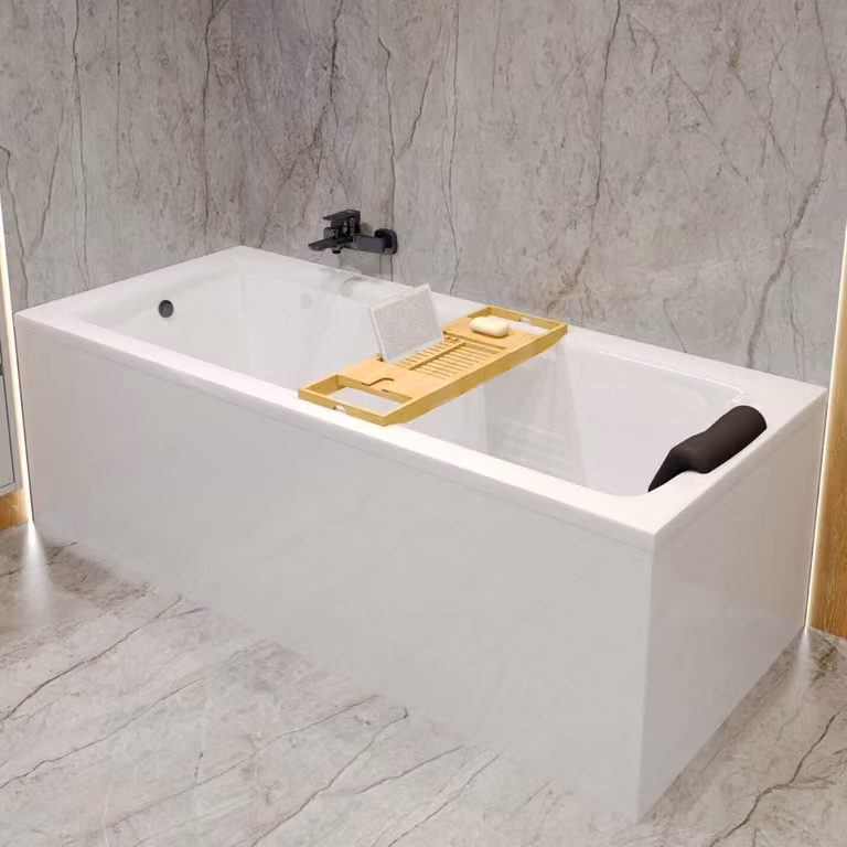 Vasca da bagno rettangolare 160x75 + grembiule in acrilico + ripiano in bambù, scarico e piedini GRATIS | set completo 5in1 vasca da bagno originale in acrilico sifone | BADLAND TALIA