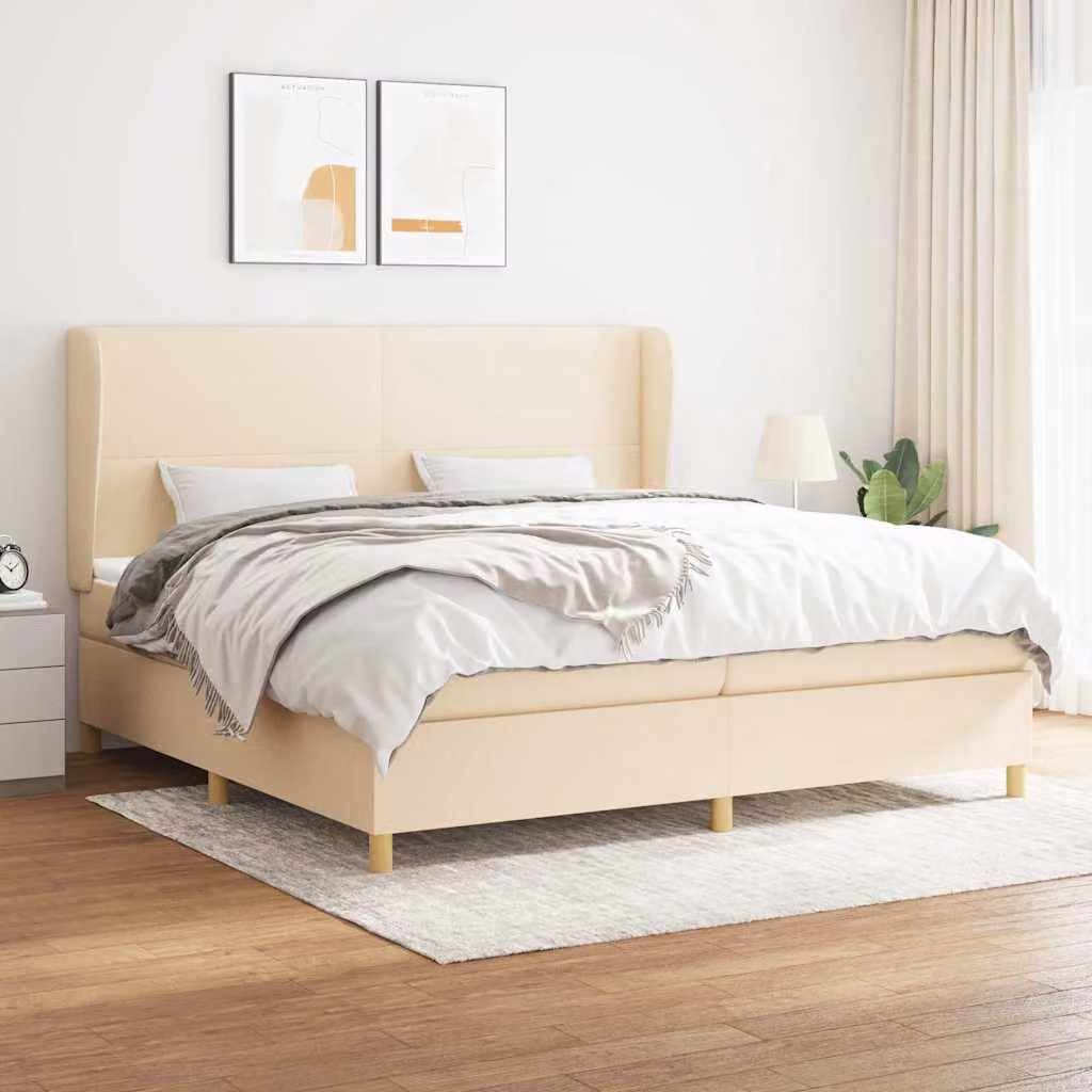 vidaXL Giroletto a Molle con Materasso in Tessuto Beige e Bianco L/P/H: 200 x 200 x 203 cm