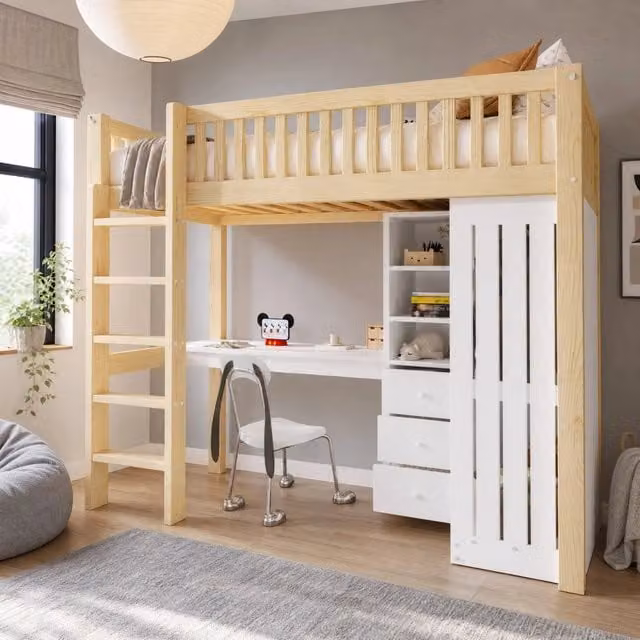 Letto a soppalco 90x200 cm con scrivania; armadio e 3 cassetti in pino e MDF naturale