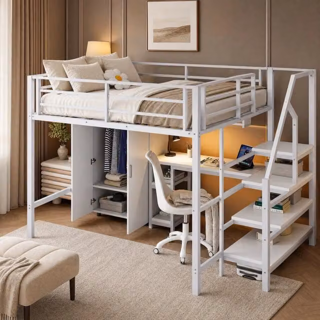 Letto a soppalco 140x200 cm con armadio; ripiani; scala contenitore e scrivania; bianco