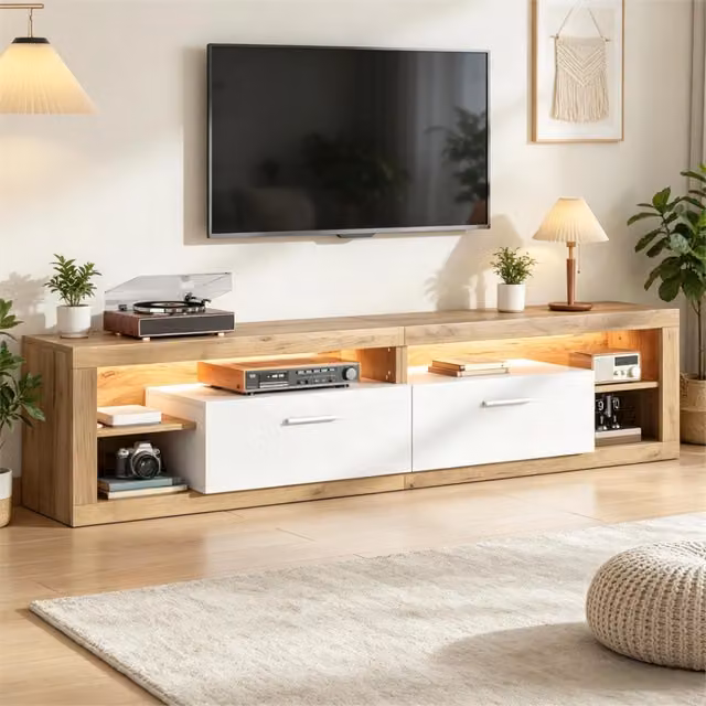 Mobile TV LED con 2 cassetti e 4 nicchie aperte, per soggiorno, in truciolare naturale e bianco, 180 × 35.5 × 50 cm