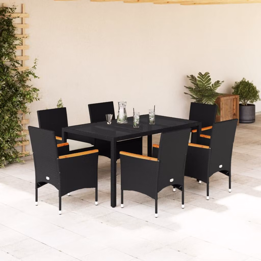 Set Pranzo da Giardino vidaXL in Polyrattan e Legno di Acacia con Cuscini, 7 Pezzi, Nero e Bianco – 1