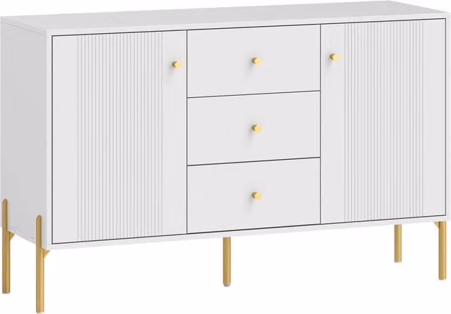 Credenza Moderna 120x39,1x76 cm con 3 Cassetti Silenziosi 2 Ripiani Regolabili 5 Gambe in Acciaio e MDF Bianco