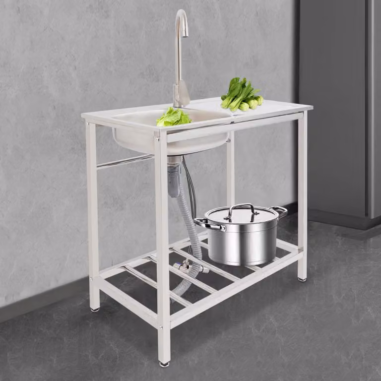 Lavello a colonna - Lavello a una vasca - 75×40×75 cm - Acciaio inox - Con rubinetto - 1 foro - Montaggio - Grigio chiaro