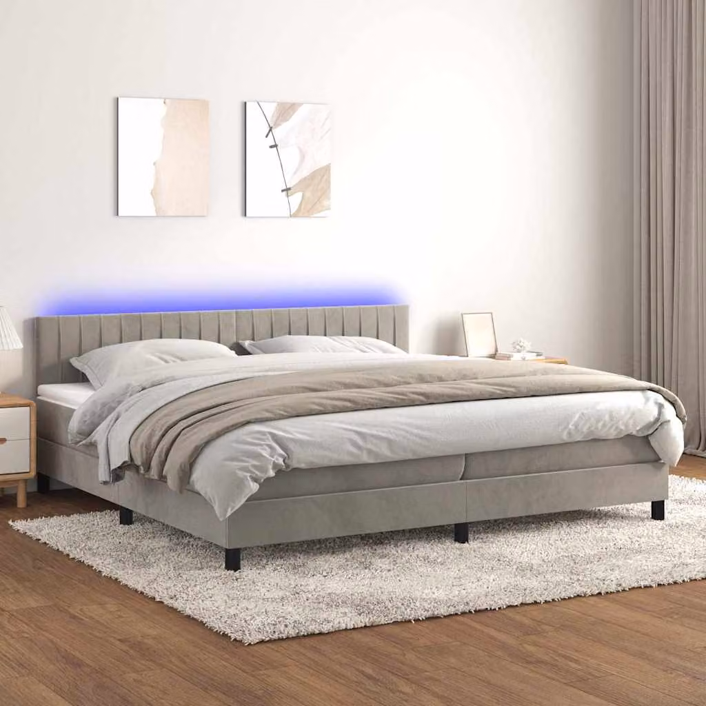 vidaXL Letto Ibrido con Materasso e Illuminazione LED in Velluto Grigio Chiaro L/P: 200 x 200 cm – 1