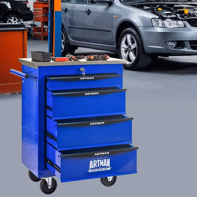 Carrello porta attrezzi OKWISH in acciaio con 4 cassetti, ruote piroettanti e piano di lavoro, colore nero e blu, L: 62.5 cm, P: 34.5 cm, H: 78 cm