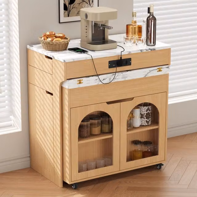 Credenza da cucina con tavolo estraibile, 2 cassetti, ripiani regolabili e prese, naturale, 55-153 × 80 × 93 cm