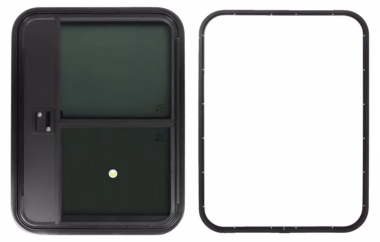 Porta per camper, realizzata in vetro di sicurezza, con zanzariera integrata. La porta si apre verso destra