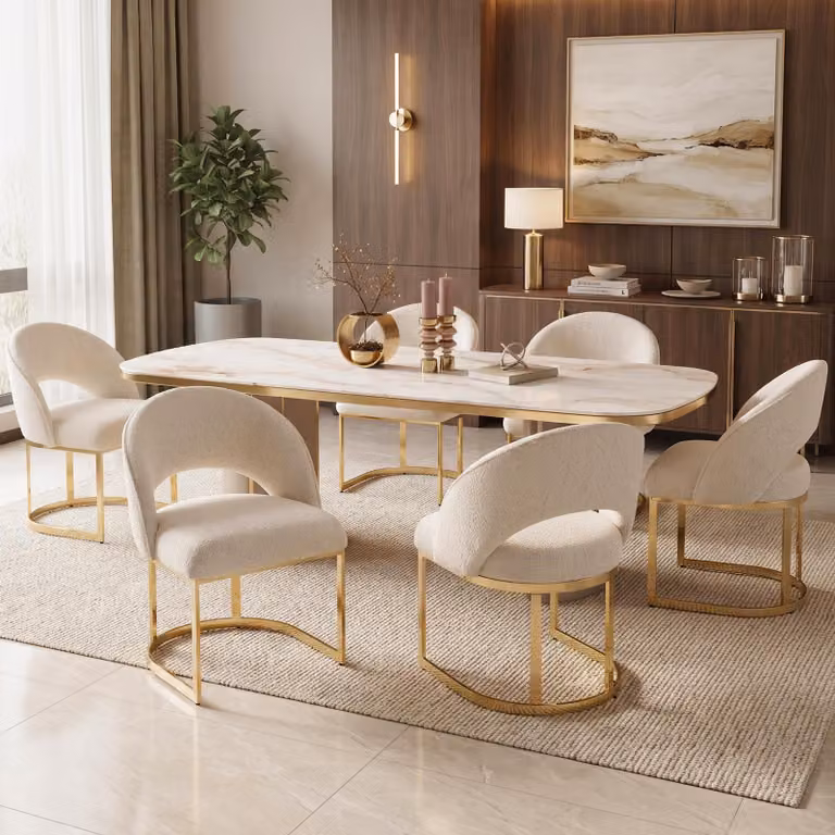 Set di 6 sedie da pranzo Flieks, con gambe placcate in oro, rivestite in tessuto boucle, ideali per ristoranti, soggiorni e cucine. Sedie imbottite, colore beige e oro