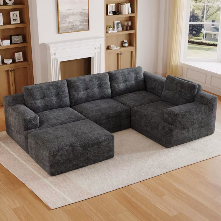 Divano angolare modulare a U Merax a 5 posti, divano componibile senza telaio con pouf, divano a L in schiuma integrale, divano in ciniglia, divano, grigio