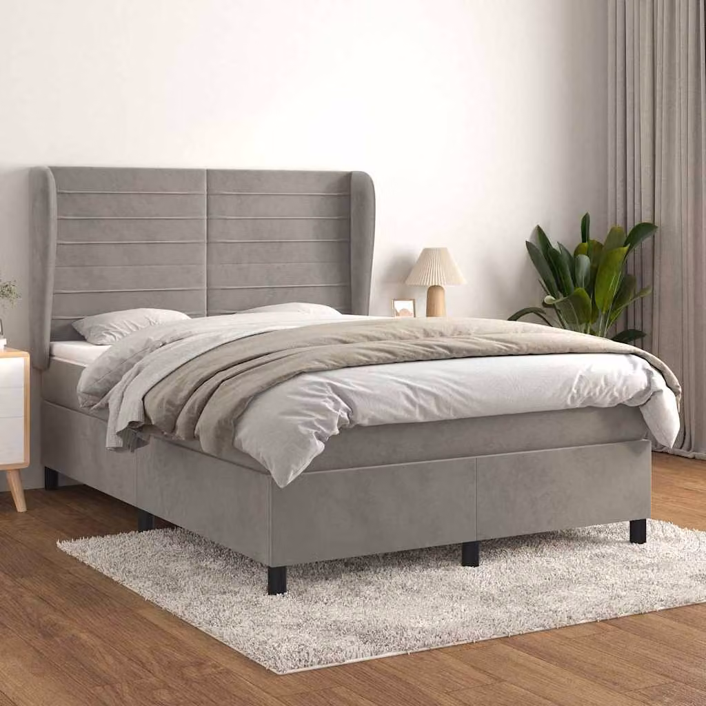 vidaXL Giroletto a Molle con Materasso Ibrido in Velluto Grigio Chiaro L/P/H: 147 x 140 x 203 cm – 1