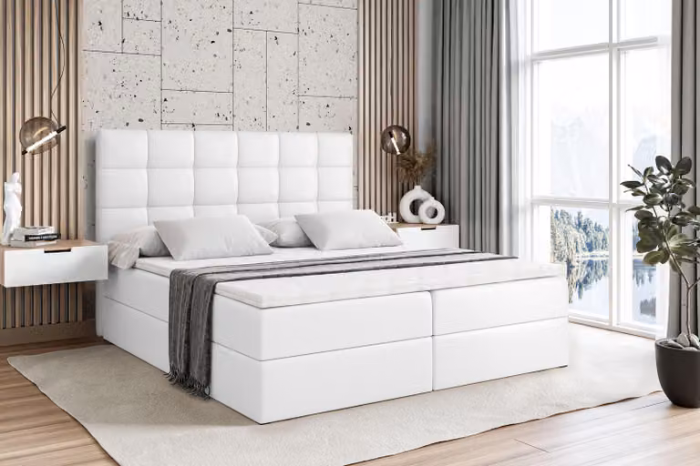 Letto boxspring ALTDECOR con materasso e rete a doghe - BRUGO - 160x200 cm - Pelle finta bianca - Letto boxspring, topper, letto imbottito con contenitore, letto con vano portaoggetti H4 - Materasso, letto matrimoniale, letto boxspring