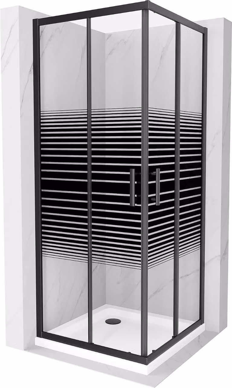 Mexen Rio cabina doccia quadrata 80 x 80 cm, strisce nere, nero + piatto Flat, bianco - 860-080-080-70-20-4010B
