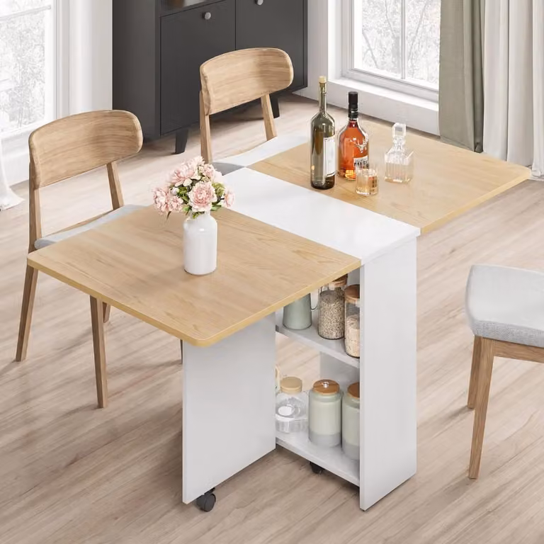 Tavolo pieghevole – Tavolo da pranzo mobile con ruote – Spazio contenitivo – Per 2-4 persone – 120 x 60 x 75 cm – Bianco – Rettangolare