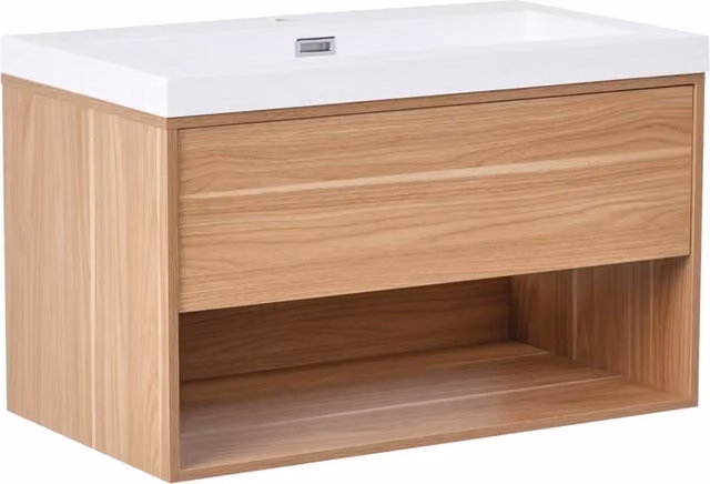 Mobile da bagno sospeso con lavabo in legno ingegnerizzato con contenitore 80 cm Marrone chiaro design moderno