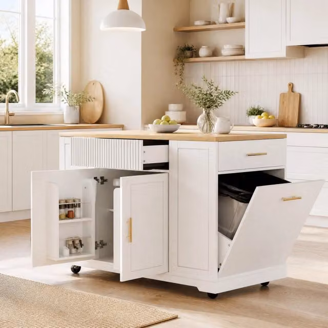 Isola da cucina REDOM con ruote in MDF e metallo, colore bianco, L: 120 cm, P: 50 cm, H: 92 cm