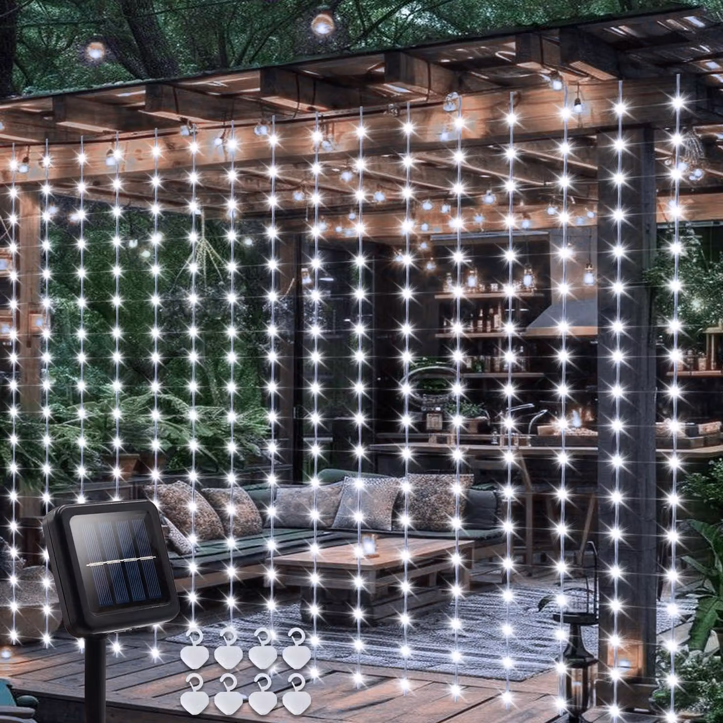 Illuminazione solare per tende, dimensioni 2,4 x 1,8 m, 144 LED, timer, 8 modalità
