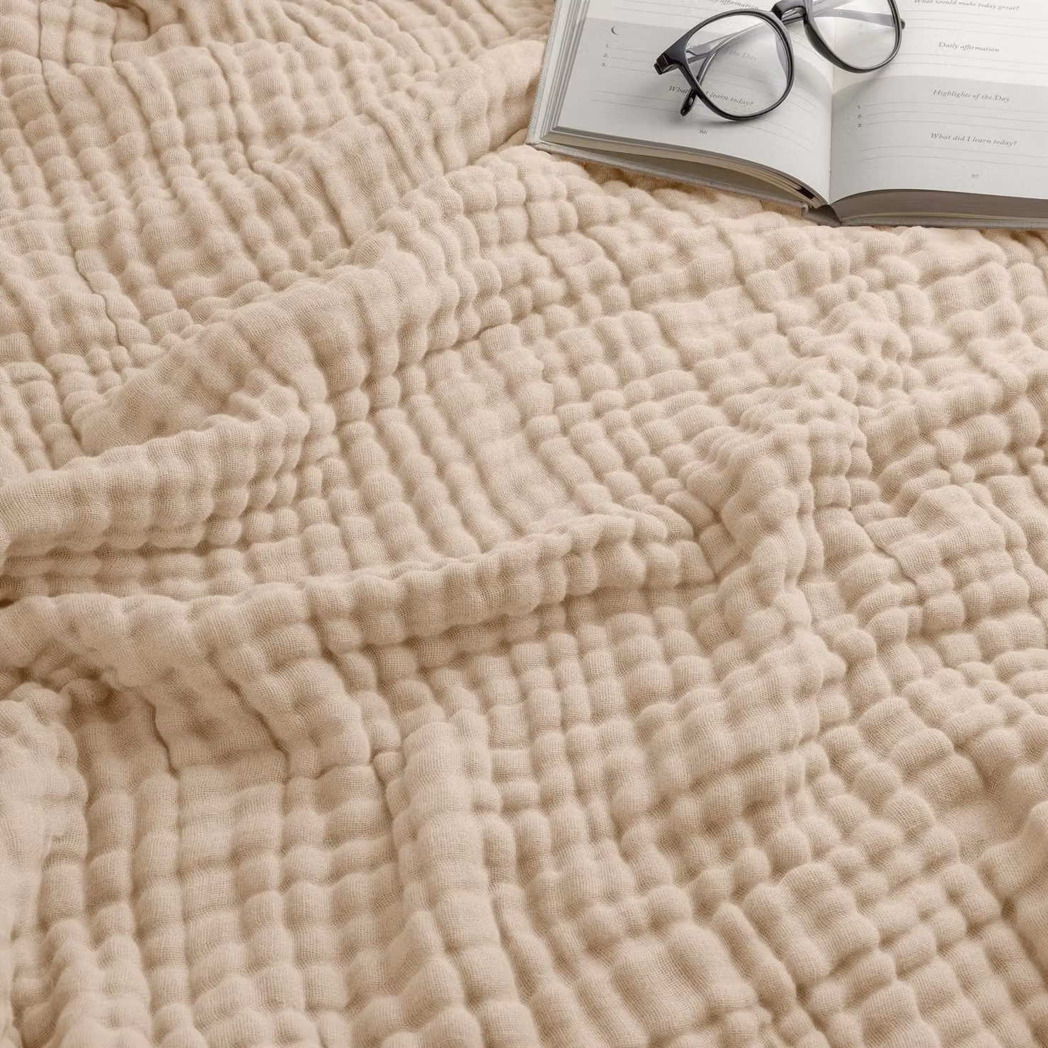 Coperta in mussola, matrimoniale, 229x229 cm, 6 strati, cotone, color sabbia