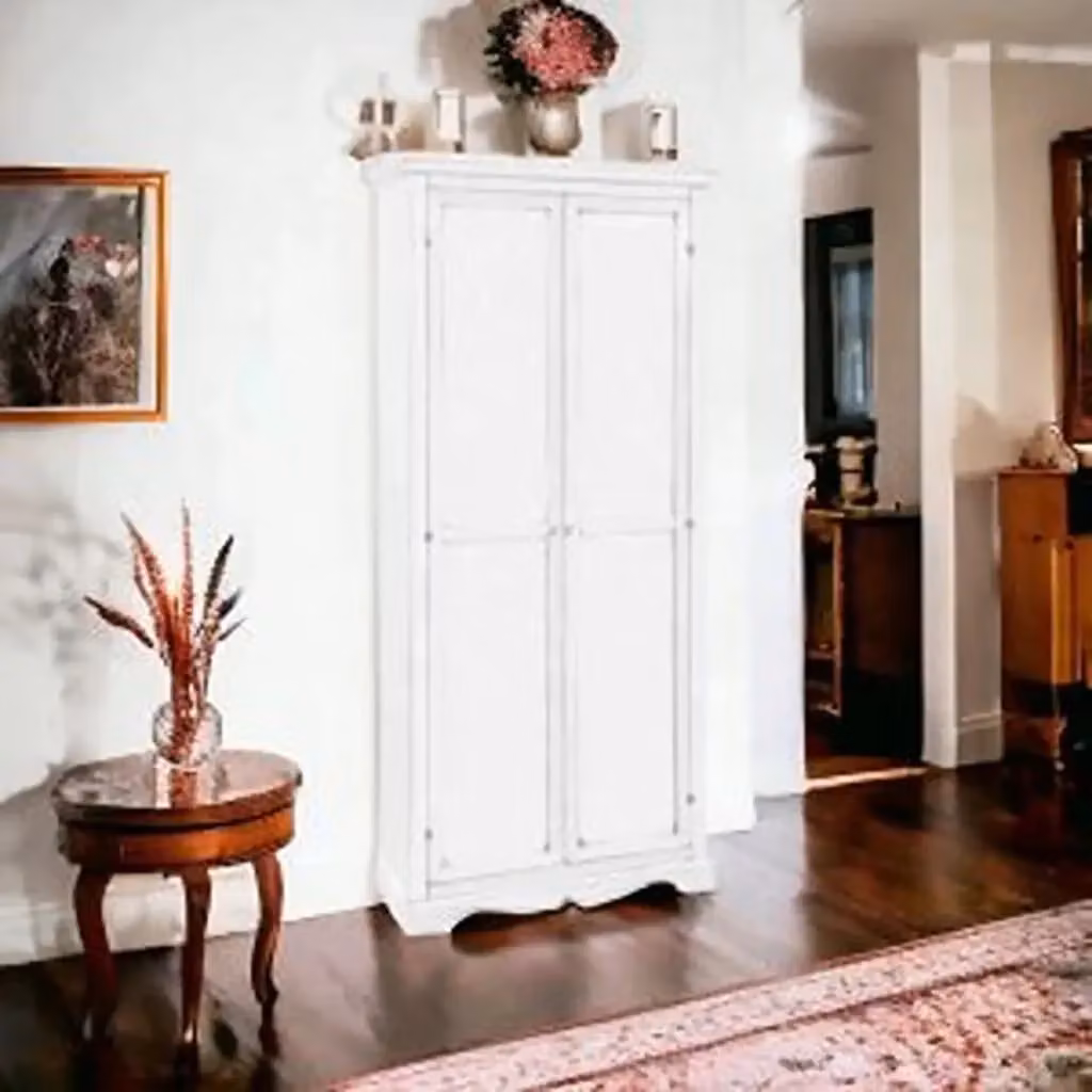 Armadio porta scope KIVIO in legno stile shabby chic bianco con ripiani interni L 87 cm, P 40 cm, H 192 cm – 2