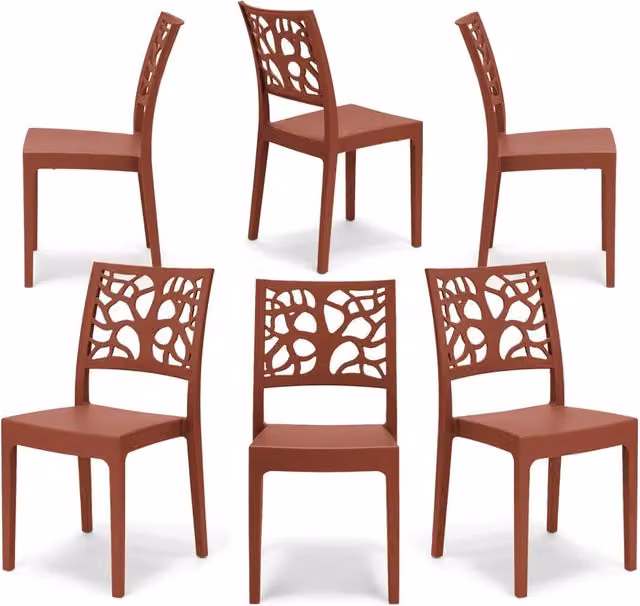 Set 6 sedie in polipropilene TETI, impilabile, resistente ai raggi UV, design moderno, ideale per sala da pranzo, cucina, sala d’attesa, bar, ristoranti o giardino, colore Mattone