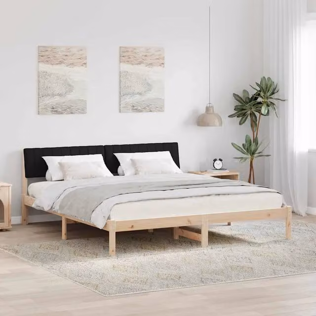 Struttura del letto con testiera in legno di pino e tessuto vidaXL, Marrone e Nero, L/P/H: 180 x 200 x 105 cm – 1